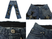 Load image into Gallery viewer, CHROME HEARTS クロムハーツ デニムパンツ サイズ29 カスタムオーダー クロスボール CHプラス クロスパッチ ピラミッド 美品 中古 4c067137ch