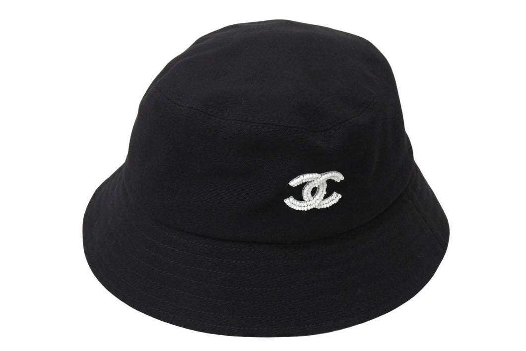 極美品 CHANEL シャネル ハット 帽子 ココマーク 内チェック ブラック M 23AW コットン 中古 4c067165