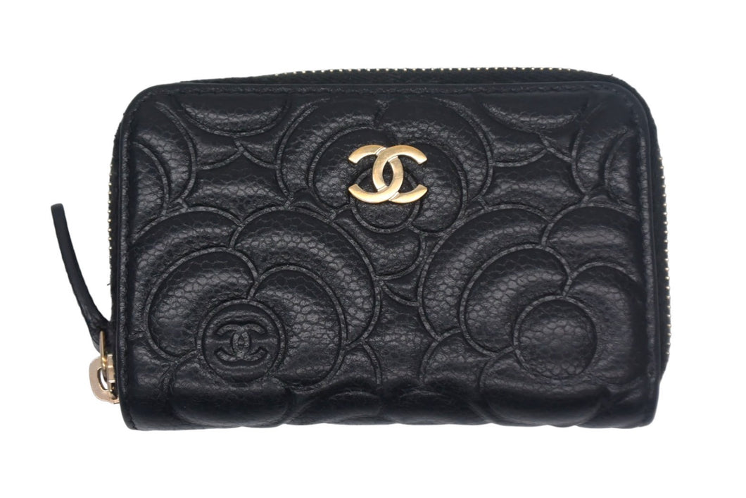 CHANEL シャネル コインケース 小銭入れ カメリア ココマーク 29番台 ラムスキン シルバー金具 ブラック 美品 中古 4c067170