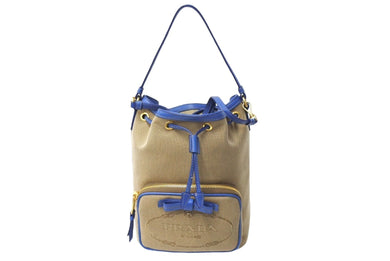 極美品 PRADA プラダ 2wayショルダーバッグ ハンドバッグ 巾着 1BH038 キャンバス ジャガード ベージュ ブルー ゴールド 中古 4c067175 