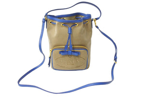 極美品 PRADA プラダ 2wayショルダーバッグ ハンドバッグ 巾着 1BH038 キャンバス ジャガード ベージュ ブルー ゴールド 中古 4c067175 
