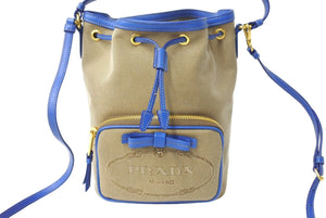 極美品 PRADA プラダ 2wayショルダーバッグ ハンドバッグ 巾着 1BH038 キャンバス ジャガード ベージュ ブルー ゴールド 中古 4c067175 