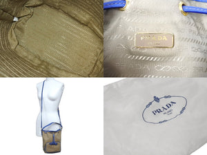 極美品 PRADA プラダ 2wayショルダーバッグ ハンドバッグ 巾着 1BH038 キャンバス ジャガード ベージュ ブルー ゴールド 中古 4c067175 