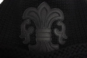 極美品 ChromeHearts クロムハーツ レザーパッチビーニー カシミヤニットキャップ BSフレアパッチフレアボール付き 中古 4c067406