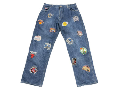 UNK デニムパンツ バギーデニム サイズ40 NBA Bリーグ オールスター バスケ 刺繍デザイン チームロゴ ブルー コットン 美品 中古 4c067434