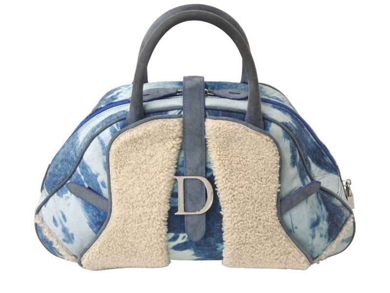 Christian Dior クリスチャンディオール サドル ハンドバッグ ガリアーノ期 MA0090 キャンバス ムートン ブルー 美品 中古 4c067477