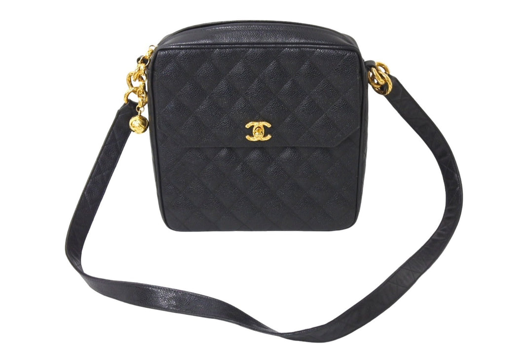 CHANEL シャネル マトラッセ ショルダーバッグ ココマーク 2番台 キャビアスキン ブラック ゴールド金具 美品 中古 4c067494
