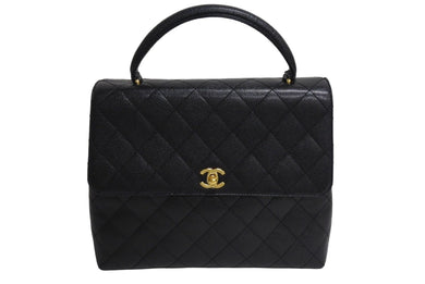 極美品 CHANEL シャネル マトラッセ ココマーク ハンドバッグ 7番台 フランス製 キャビアスキン ブラック ゴールド 中古 4c067602
