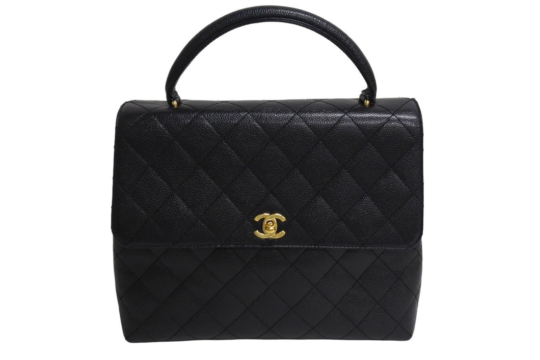極美品 CHANEL シャネル マトラッセ ココマーク ハンドバッグ 7番台 フランス製 キャビアスキン ブラック ゴールド 中古 4c067602