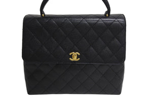 極美品 CHANEL シャネル マトラッセ ココマーク ハンドバッグ 7番台 フランス製 キャビアスキン ブラック ゴールド 中古 4c067602