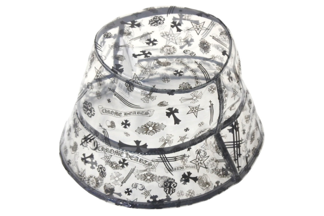 極美品 CHROME HEARTS クロムハーツ バケットハット サイズM/L ブラック クリア ビニール 総柄 ロゴ プリント 中古 4c067618