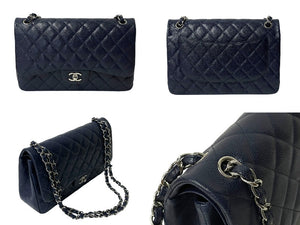 極美品 CHANEL シャネル チェーンショルダーバッグ キャビアスキン マトラッセ30 Wフラップ ネイビー シルバー金具 19番台 中古 4c067661