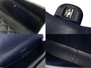 極美品 CHANEL シャネル チェーンショルダーバッグ キャビアスキン マトラッセ30 Wフラップ ネイビー シルバー金具 19番台 中古 4c067661
