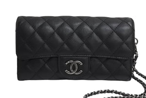 極美品 CHANEL シャネル マトラッセチェーンウォレット 長財布 キャビアスキン 21番台 ブラック 中古 4c067683