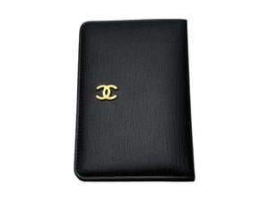 極美品 CHANEL シャネル カードケース ココマーク ソフトカーフ 手帳カバー ゴールド金具 ブラック 6番台 中古 4c067842