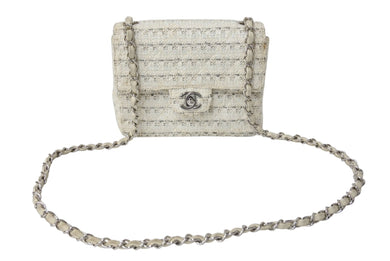 CHANEL シャネル ミニマトラッセ ツイード ショルダーバッグ ミニバッグ 9番台 フランス製 ホワイト シルバー金具 美品 中古 4c068015