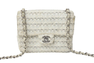 CHANEL シャネル ミニマトラッセ ツイード ショルダーバッグ ミニバッグ 9番台 フランス製 ホワイト シルバー金具 美品 中古 4c068015