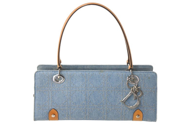 Christian Dior クリスチャンディオール ハンドバッグ 長方形 カナージュスタッズ ホリゾンタルバッグ イタリア製 ヌメ革 ブルー 美品 中古 4c068032