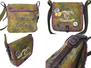 極美品 CHANEL シャネル エンブロイダリー グラフィティ ショルダーバッグ A92789 ココマーク 20番台 カーキ シルバー金具 中古 4c068271