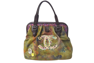 極美品 CHANEL シャネル エンブロイダリー グラフィティ がま口 ハンドバッグ A92791 ココマーク カーキ 中古 4c068272