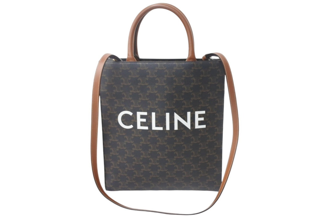 CELINE セリーヌ バーティカルカバ ハンドバッグ 2WAY ブラウン キャンバス カーフスキン トリオンフ 美品 中古 4c068306