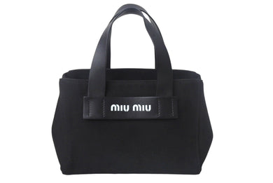 MIUMIU ミュウミュウ ロゴ ハンドバッグ トートバッグ キャンバス レザー ブラック ホワイト ゴールド金具 美品 中古 4c068308 