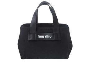 MIUMIU ミュウミュウ ロゴ ハンドバッグ トートバッグ キャンバス レザー ブラック ホワイト ゴールド金具 美品 中古 4c068308 