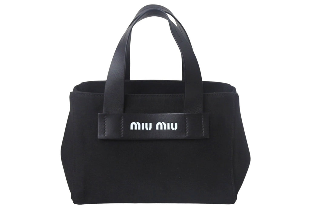MIUMIU ミュウミュウ ロゴ ハンドバッグ トートバッグ キャンバス レザー ブラック ホワイト ゴールド金具 美品 中古 4c068308 