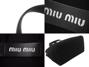 MIUMIU ミュウミュウ ロゴ ハンドバッグ トートバッグ キャンバス レザー ブラック ホワイト ゴールド金具 美品 中古 4c068308 