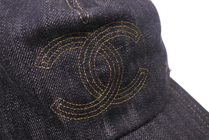 CHANEL シャネル ココマーク キャップ デニムライン イタリア製 コットン ブルー ゴールド サイズM 美品 中古 4c068326