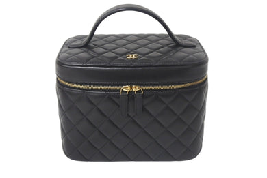 新品同様 CHANEL シャネル ココマーク バニティバッグ ハンドバッグ キルティング ラムスキン ブラック 22番台 中古 4c068404