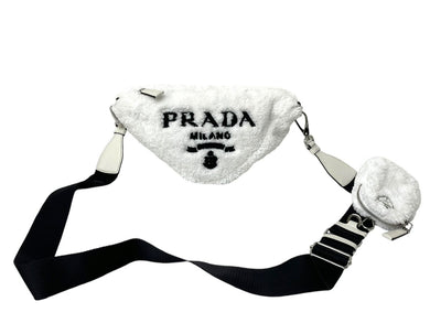 極美品 PRADA プラダショルダーバッグ 1BH190 パイルポーチ付き トライアングル ブラック ホワイト レザー シルバー金具 中古ロゴ 4c068406 