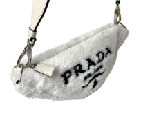 画像をギャラリービューアに読み込む, 極美品 PRADA プラダショルダーバッグ 1BH190 パイルポーチ付き トライアングル ブラック ホワイト レザー シルバー金具 中古ロゴ 4c068406 