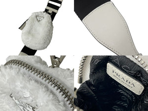極美品 PRADA プラダショルダーバッグ 1BH190 パイルポーチ付き トライアングル ブラック ホワイト レザー シルバー金具 中古ロゴ 4c068406 
