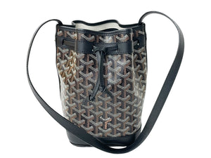 新品未使用 Goyard ゴヤールプティ フロ バケット ショルダーバッグ 巾着型 PVC レザー ブラウン ブラック シルバー 中古 4c068407
