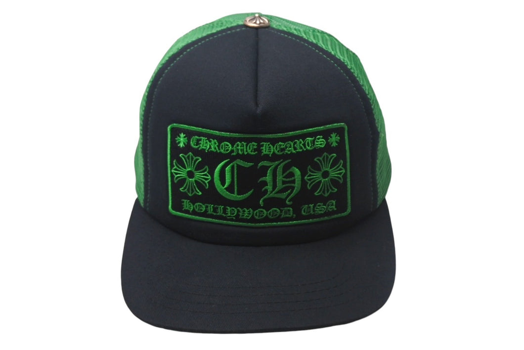 CHROME HEARTS クロムハーツ トラッカー メッシュ キャップ 新型 ブラック グリーン コットン ロゴ 帽子 サイズOS シルバー金具 美品 中古 4c068415