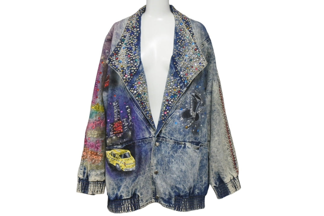ノーブランド ライダースデニムジャケット CopaCabana コパカバーナ ラインストーン ブルー マルチカラー サイズL 4c068430