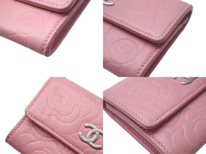 CHANEL シャネル カメリア カードケース 二つ折り財布 ラムスキン ピンク シルバー金具 A50088 14番台 美品 中古 4c068524