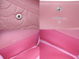 CHANEL シャネル カメリア カードケース 二つ折り財布 ラムスキン ピンク シルバー金具 A50088 14番台 美品 中古 4c068524