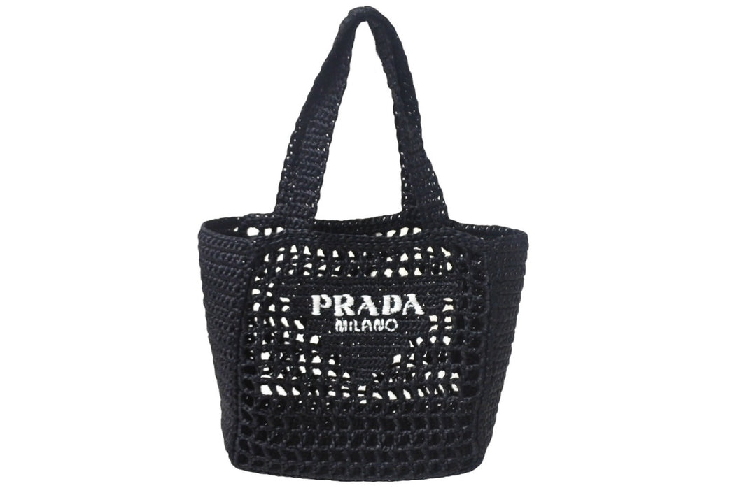 極美品 PRADA プラダ スモール ラフィア トートバッグ バスケットバッグ かごバッグ ハンドバッグ 1BG444 ブラック 中古 4c068682 