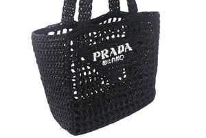 極美品 PRADA プラダ スモール ラフィア トートバッグ バスケットバッグ かごバッグ ハンドバッグ 1BG444 ブラック 中古 4c068682 