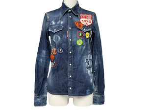 DSQUARED2 ディースクエアード 長袖シャツ ダンガリーシャツ ダメージ加工 18SS ブルー マルチカラー サイズ36 美品 中古 4c068747