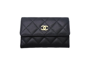 CHANEL シャネル マトラッセ コンパクトカードケース ココマーク 16番台 イタリア製 キャビアスキン ブラック 美品 中古 4c068812