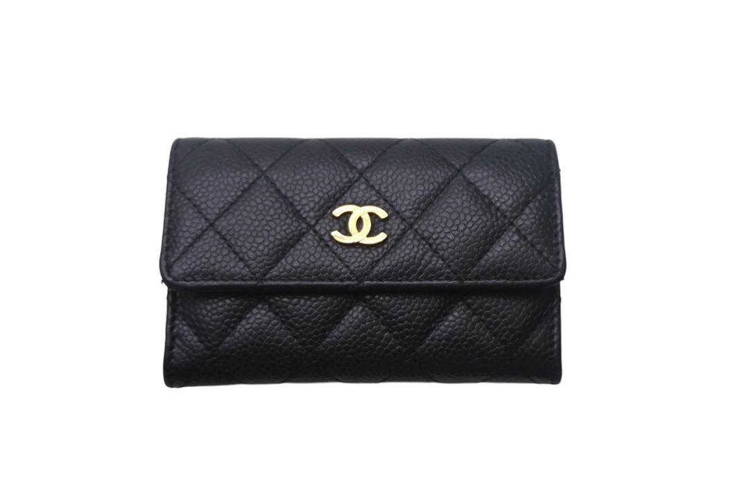 CHANEL シャネル マトラッセ コンパクトカードケース ココマーク 16番台 イタリア製 キャビアスキン ブラック 美品 中古 4c068812