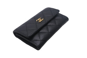 CHANEL シャネル マトラッセ コンパクトカードケース ココマーク 16番台 イタリア製 キャビアスキン ブラック 美品 中古 4c068812