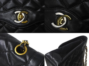 CHANEL シャネル マトラッセ パリ限定 Wフラップ ショルダーバッグ ココマーク 1番台 ラムスキン ブラック ゴールド 美品 中古 4c069012