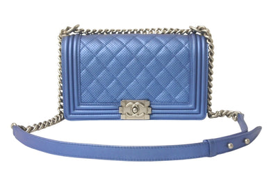CHANEL シャネル ボーイシャネル チェーンショルダーバッグ 20番台 カーフ パンチングレザー メタリックブルー 美品 中古 4c069031