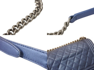 CHANEL シャネル ボーイシャネル チェーンショルダーバッグ 20番台 カーフ パンチングレザー メタリックブルー 美品 中古 4c069031