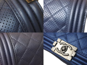 CHANEL シャネル ボーイシャネル チェーンショルダーバッグ 20番台 カーフ パンチングレザー メタリックブルー 美品 中古 4c069031