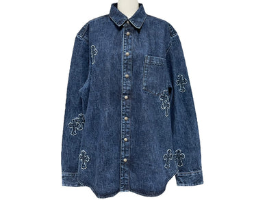 極美品 CHROME HEARTS クロムハーツ 長袖シャツ サイズXL クロスボール クロスパッチ デニム ブルー コットン シルバー925 中古 4c069053